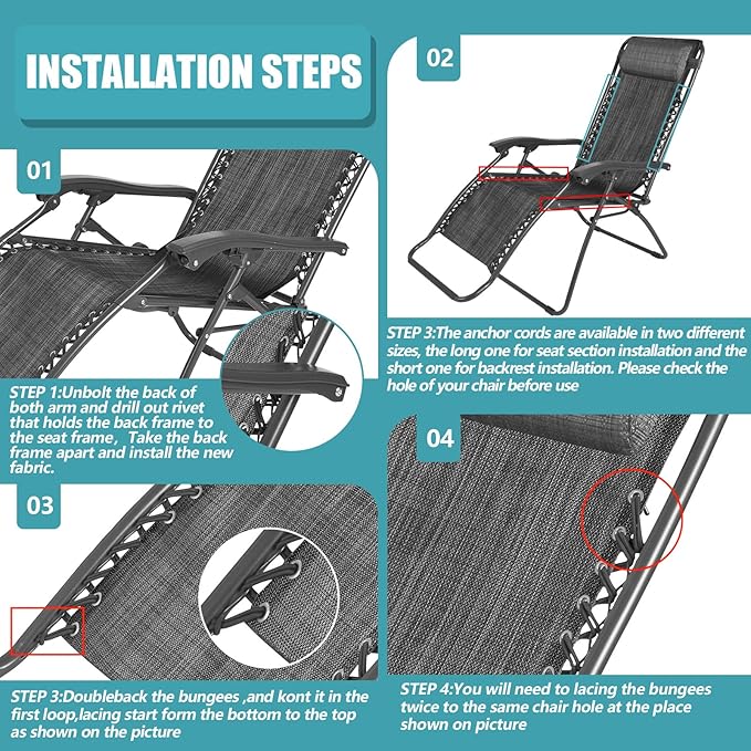 Queekay Chair Replacement Fabric with 4 Bungee Cord Lounge Chair Cloth Mesh Repair Kit for Patio Recliner Outdoor Lawn Pool(63 x 21 Inch,Black Grey)