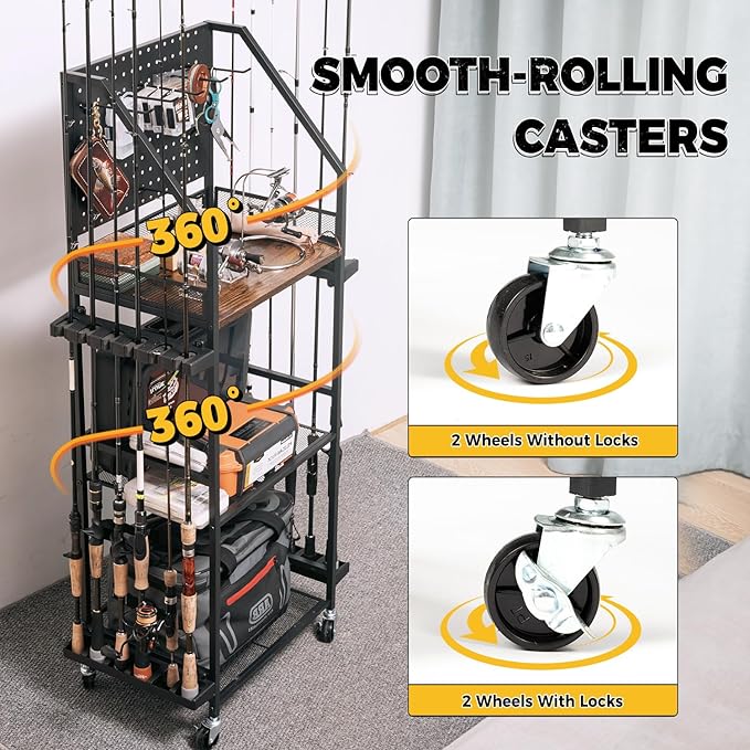 SOYEEZE Fishing Rod Holders for Garage, Fishing Pole Holders Up to 12 Rods with Pegboard and Hooks,Rolling Fishing Cart with Wheels, Fishing Gear Storage For Tackle Box & Reel Organization