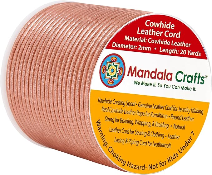 Mandala Crafts Round Genuine Rose Gold Leather Cord for Jewelry Making – 2mm Cowhide Leather Rope String Lace for Kumihimo – 20 Yards Cowhide Craft Cording Spool