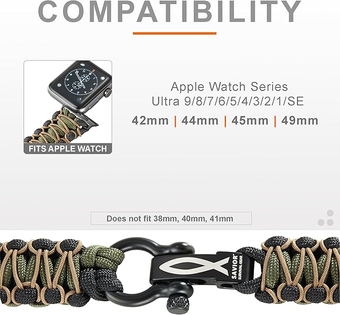 Savior Survival Gear Paracord Watch Band Compatible with Apple Watch Band 49mm 46mm 45mm 44mm 42mm,iWatch Band Series Ultra 10 9 8 7 6 5 4 3 2 1 SE, Adjustable strap for men (Green-Black-Khaki-Large)