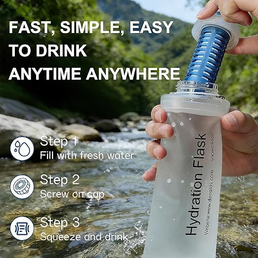 AXEN Collapsible Water Bottle with Filter System, Soft Hydration Flask for Trail Running, Camping, Hiking, Cycling, 700ml Clear