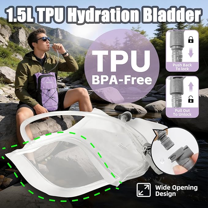 Hydration Pack Backpack, Insulated Hiking Water Backpack with 1.5L Water Bladder, Running Hydration Vest Backpack for Men Women, Hydro Daypack for Hiking, Cycling, Climbing, Rave