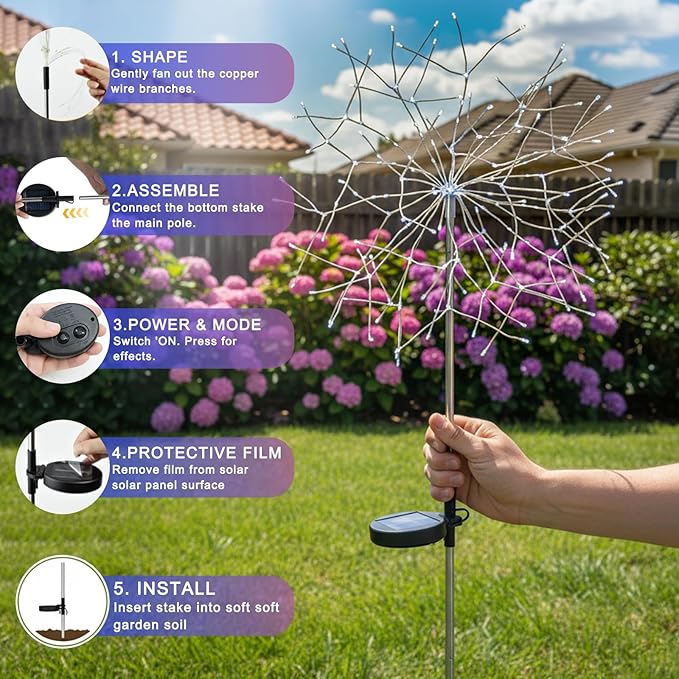 Solar Garden Lights Outdoor, 210 Led & 8 Modes Solar Firework Lights Decorative Waterproof Solar Fairy Fireworks Sparklers Light for Outside Yard Pathway Walkway Balcony Patio Decor,4Pack