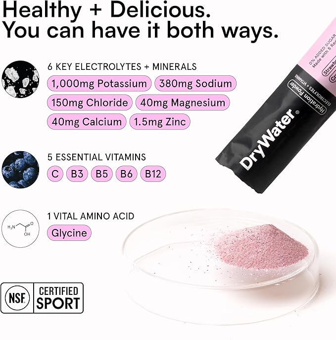 DryWater Electrolyte Powder Packets, Mixed Berry - Hydration Packets Drink Mix with Zero Added Sugar for Rehydration & Energy - 6 Key Electrolytes, 5 Essential Vitamins & 5 Real Fruits - 12 Pack