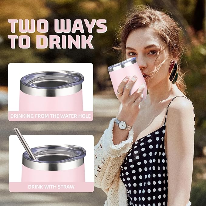 12oz/4 Pack Wine Tumbler Glasses with Lid Stemless Double Wall Vacuum Stainless Steel Travel Tumbler Keeping Cold & Hot for Wine,Coffee,Cocktails,Christmas Drinks-Family and Gifts(Multi color-10)