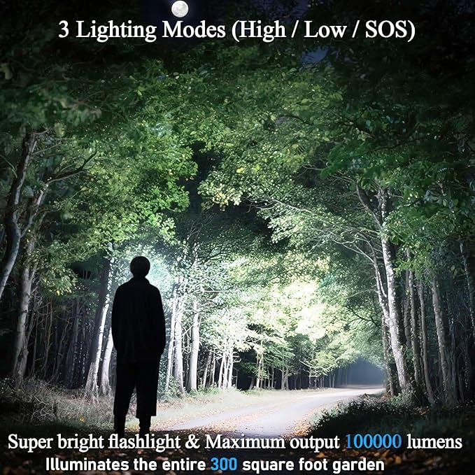 Rechargeable Flashlights High Lumens - 100000 LM, 5000mAh Battery with LCD Display, 3 Modes, Zoomable & IP67 Waterproof - for Camping, Dog Walking, Emergencies