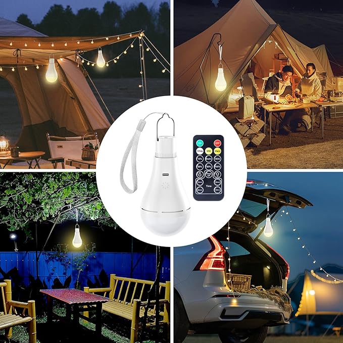 Brightown E26 Rechargeable Light Bulb with Remote and Timer, Battery Backup Bulb for Sconces and Lamps, Hanging LED Light Bulb with Hook for Camping Tent, Dimmable, 3 Color Temperatures, 2 Pack