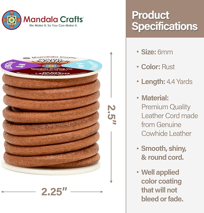 Mandala Crafts Round Cowhide Genuine Rust Leather Cord for Jewelry Making Kumihimo Leather Rope Spool - Rust 4.4 Yds 6mm Cording