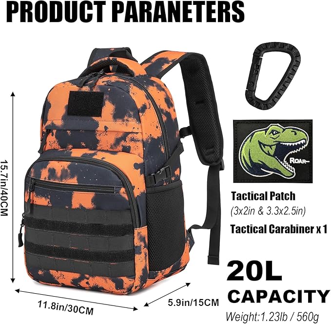 Kids Tactical Backpack Army Molle Bookbag Military Boys Backpack for School, Outdoor, Camping (Includes 2 Patches+1Carabiner), Mars CM