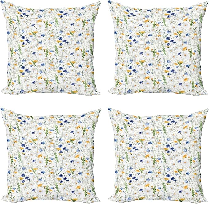 Ambesonne Flower Decorative Throw Pillow Case Pack of 4, Wild Flowers Poppies and Daisies Rural Nature Scenery in Meadows Rustic, Cushion Cover for Couch Living Room Car, 20", Yellow White