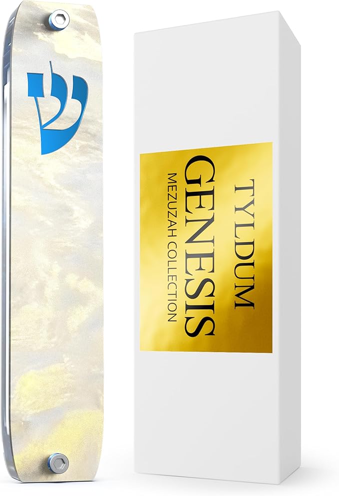 Genesis Mezuzah for Door – Modern Acrylic Mezuzah Case Without Kosher Scroll – Handmade in Canada Judaica Gift, Weatherproof, Jewish Artisan Design, Clear Case (Classic, Golden White Clouds)