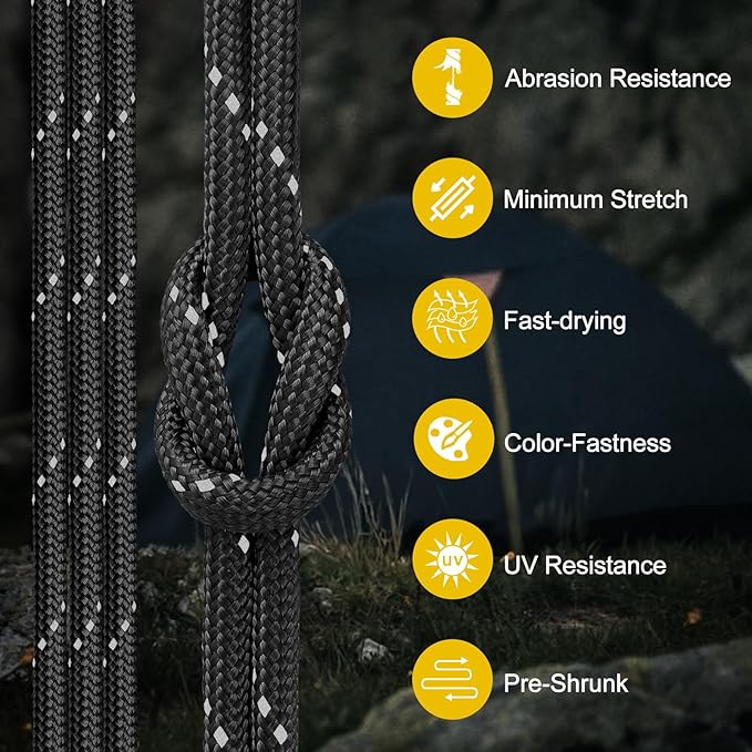 Reflective Paracord Rope 850Ib, 50/100/200/500/1000ft 4MM 11 Strand para Cords Lanyard Utility Parachute Cord for Tent Camping Fishing Survival Tactical Clothesline DIY Projects, Black 200FT