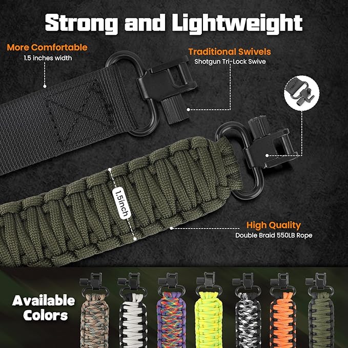 Double Braide 550LB Shotgun Sling 2 Point Paracord Rifle Sling,Non-Slip Traditional Adjustable Gun Sling for Hunting Shooting Camping