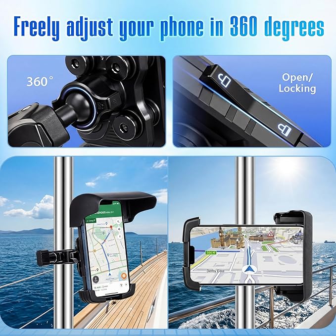Tellegloww Boat Phone Holder, Marine Cell Phone Holder with Sunshade, 360 Degree Adjustable Knob Crab Clamp, Smartphone Accessory for Cycling, Boat Rail, Pontoon and Outdoor Use(Black)