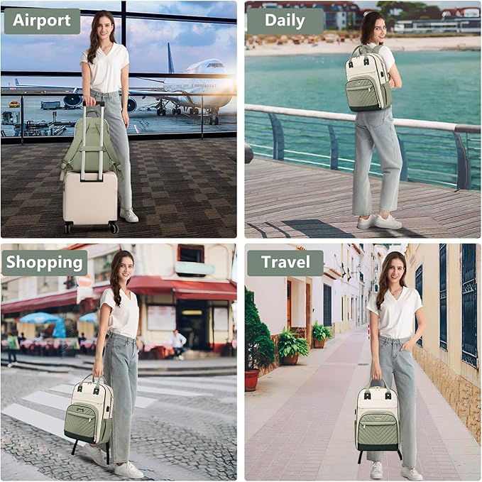 Laptop Backpack for Women Work Bag - 15.6 inch Travel Backpack with USB Charger College Bookbag Waterproof Business Computer Backpack Anti-theft Casual Backpacks for Nurse Teacher Beige Light Green