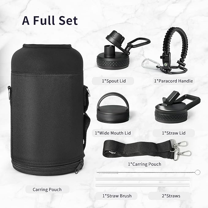 Trebo One Gallon Water Bottle Insulated with Paracord Handle,128oz Large Vacuum Triple Wall Stainless Steel Insulated Jug with Straw Spout Handle Lids, Leakproof Keep Cold & Hot,Black