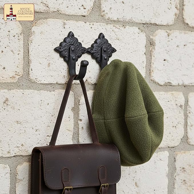 Mystic Colonial Rustic Cast Iron Wall Hooks, Heavy Duty Retro Utility Hooks for Hanging Coat, Bag, Towel, Robe, Hat & More, Pack of 2 | Joined Pieces, Black