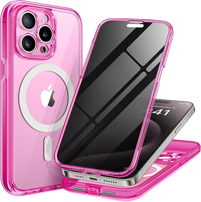 TIESZEN for iPhone 15 Pro Case, Compatible with MagSafe, Built-in Privacy Screen Protector and Camera Protection, Anti Spy Full Body Dustproof Shockproof Hard Phone Case 6.1", Bright Pink