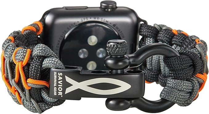Savior Survival Gear Paracord Watch Band,Compatible with Apple Watch Band 49mm 46mm 45mm 44mm 42mm,iWatch Band Series Ultra 10 9 8 7 6 5 4 3 2 1 SE, Adjustable strap for men ( Black-Gray-Orange,Large)