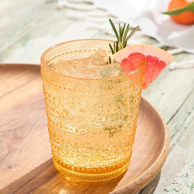 Santa Fe Orange Set of 6 Premium Acrylic DOF Glasses 16 oz – Unbreakable Drinkware with Textured Bubble Design, Dishwasher Safe Tumblers for Indoor & Outdoor Use