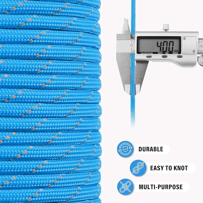 Reflective Paracord Rope 750 lb - 100ft 5/32" Parachute Cord 4MM 12-Strand para Cord - Heavy Duty Spool String for Survival,Camping Gear, Survival Bracelet, Clothesline - Blue