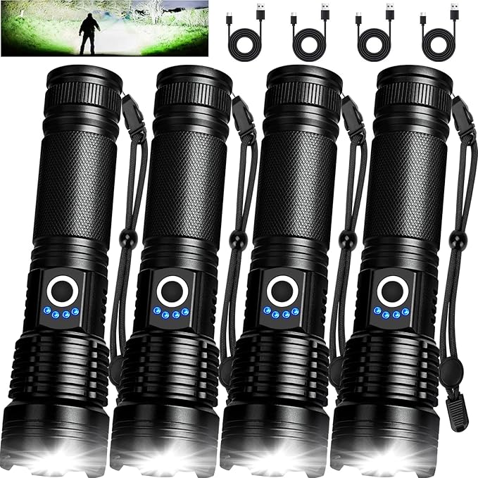 MIXILIN Rechargeable Flashlights High Lumens, 4 Pack 99,000 Lumens Super Bright Led Flashlight with USB Cable & 5 Modes, Handheld Flash Light Waterproof Flashlight for Home Camping