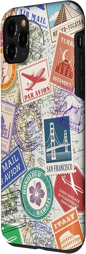 World Map Travel Passport Stamps Postage Stamp Case for iPhone 11 Pro