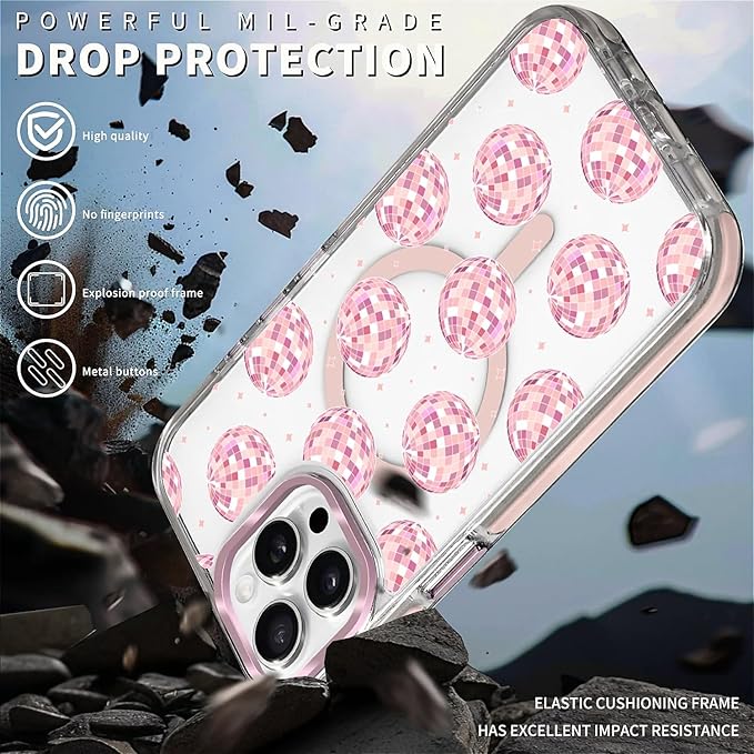 Case for iPhone 13 Pro Max,[Compatible with MagSafe],Disco Balls Pink Phone Case Design，for Women Girls Magnetic Clear Cover - Slim, Sleek, & Shockproof Protection