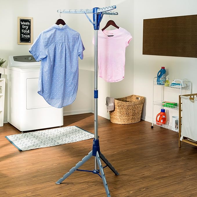 Honey-Can-Do 64-Inch Steel Tripod Clothes Drying Rack, Foldable Collapsible Laundry Stand with 3 Rotatable Arms, Holds 30 Hangers, Space-Saving Indoor Outdoor Air Dry Rack, Blue