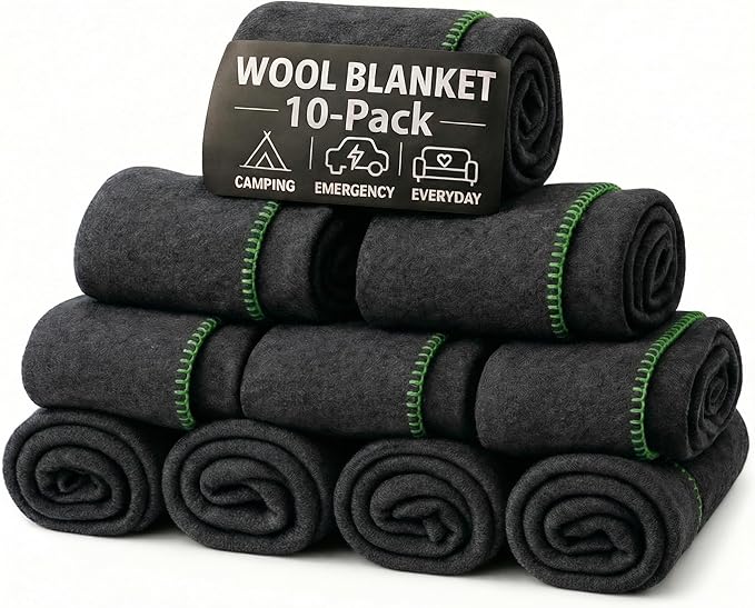 Wool Camping Blanket 10-Pack - 70% Wool Heavy-Duty Military Style Throw, Warm & Washable, Fire Retardant Cover for Emergency, Survival & Outdoor Use - For Camping, Car, Home & Hiking, Grey 62x84
