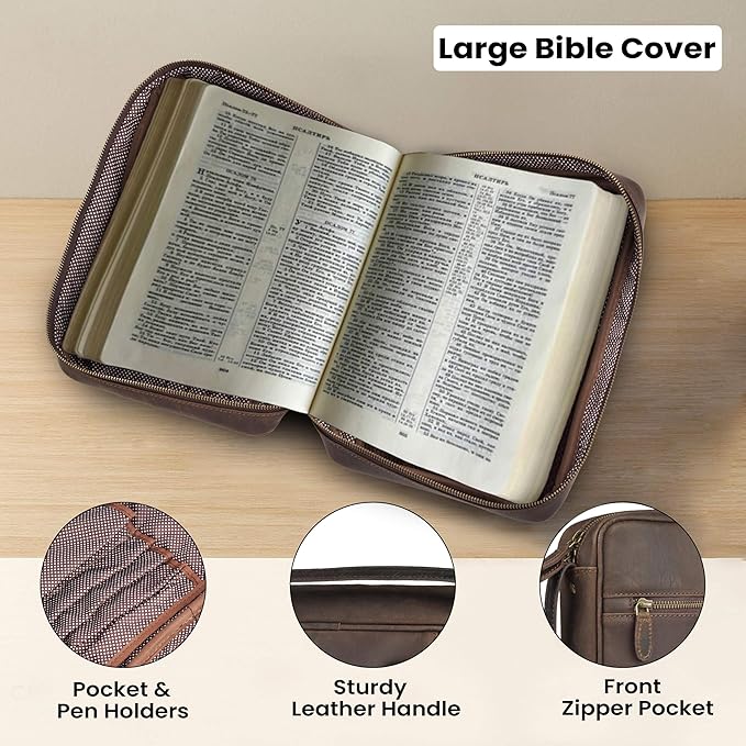LEATHER VILLAGE Genuine Leather Bible Cover with Zipper for Men & Women - Large Bible Case Carrying Bag Book Cover & Organizer with Handle and Pockets - Leather Bible Covers for Church Study - Brown