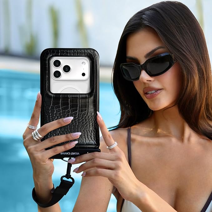 VELVET CAVIAR Waterproof Phone Pouch with Lanyard | IP68 Floating Case for iPhone & All Phones | Dry Bag for Snorkeling, Beach, Kayaking | Travel & Cruise Essentials for Women (Black Croc)