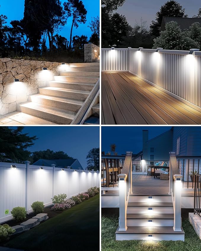 vighep 2 Pack Solar Motion Lights Outdoor, Waterproof Fence Lights Solar Powered with 3 Lighting Mode, Cold White LED Step Light for Outside Wall Yard Deck Stairs Garden - White