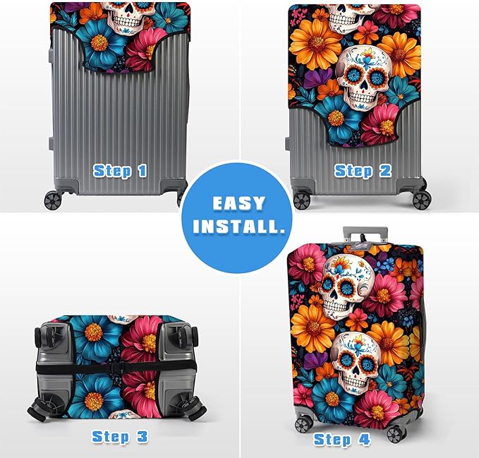 Luggage Cover Protector for 30-32 Inch Suitcases, TSA Approved Elastic Travel Suitcase Covers, Anti-Scratch Washable Luggage Sleeve for Carry On & Checked Bags, Sugar Skulls