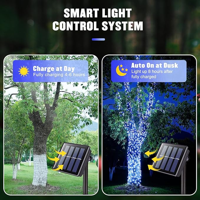 JMEXSUSS 2 Pack Solar String Lights Outdoor Waterproof, Total 400 LED 151FT Solar Christmas Lights Outdoor, 8 Modes Christmas Light for Outside Patio Yard Tree Decorations, White and Blue