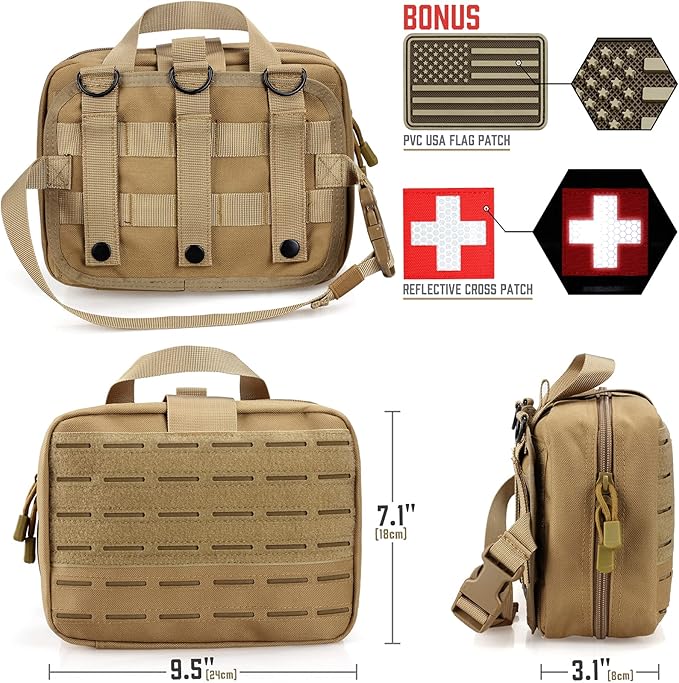 LIVANS Tactical Molle Medical Pouch - Upgraded Size, Large Capacity IFAK Pouch with Detachable Quick Release and Headrest Mount, Includes Flag and Cross Patch