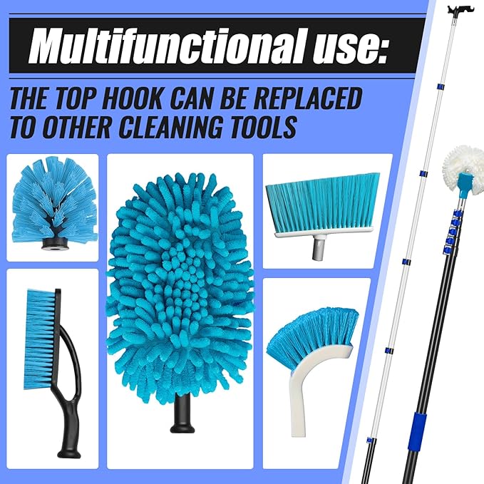 7-36 ft Telescopic Extension Pole with Utility Hook, Multi-Purpose Aluminum Pole for Painting, Dusting and New Year Window Cleaning Christmas Lights Installation Without a Ladder (Blue)