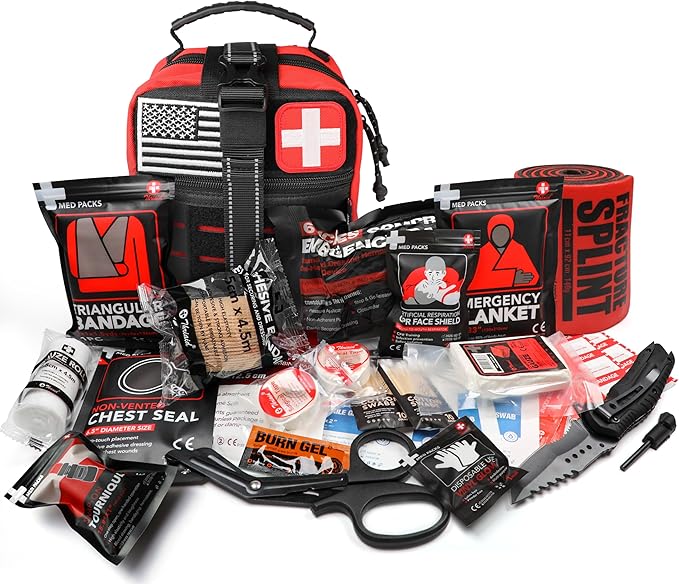 Survival First Aid Kit with Israeli Bandage, Chest Seal, Tourniquet, Splint, Tactical Military Combat Molle IFAK for Wound Care, Bleeding Control, Trauma Hemorrhage and More (Red)