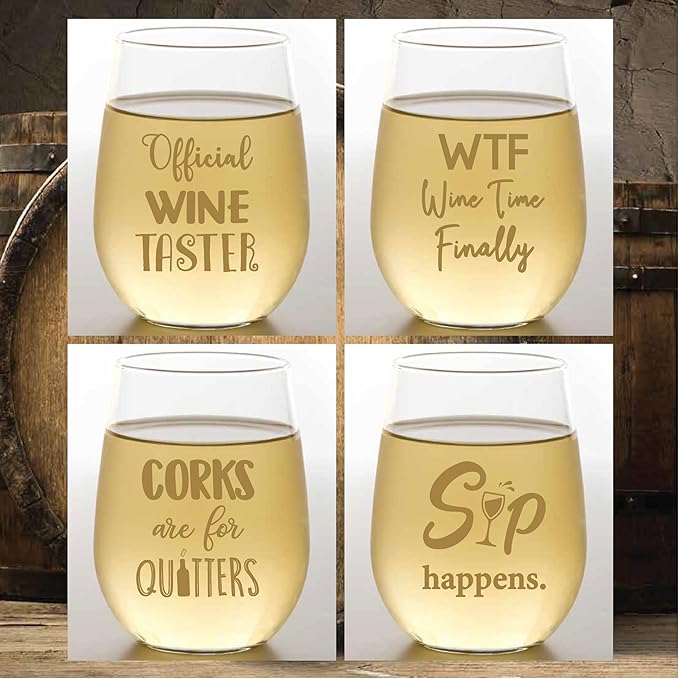 Set of 4 Shatterproof Designer 16 oz Plastic Wine Glasses MADE in the USA (WINE SAYINGS)