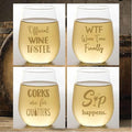 Set of 4 Shatterproof Designer 16 oz Plastic Wine Glasses MADE in the USA (WINE SAYINGS)