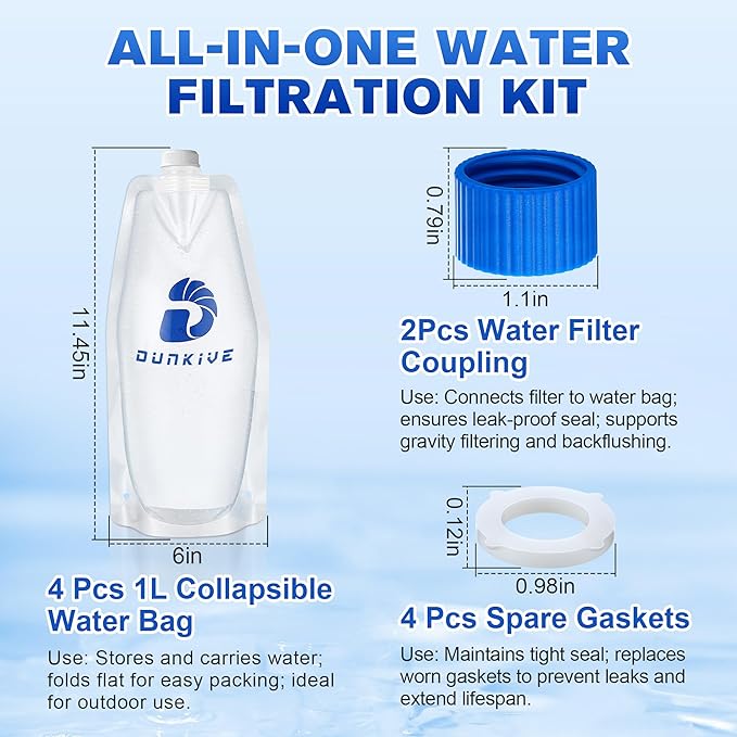 1L Collapsible Water Filter Bags and Water Filter Coupling Kit Compatible with 28mm External Threaded Filters, Foldable Backpacking Bottle for Traveling, Hiking, Camping - 4 × 33.8oz