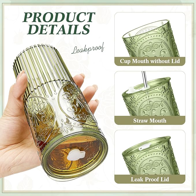 8 Set 20oz Vintage Plastic Tumbler with Lids and Straws Ribbed Floral Drinking Glasses Reusable Iced Coffee Cups for Water Juice Smoothie Cocktail Travel Party Events Gift (Green)