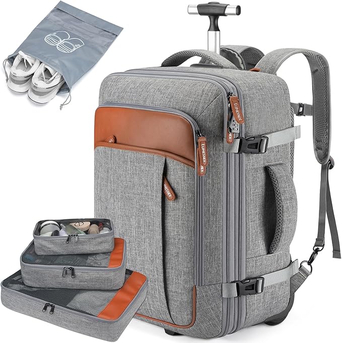 Lumesner Rolling Backpack for Men and Women, Extra Large 42L Travel Backpack with Wheels, 17.3 Inch Carry-On Laptop Bag with 4 packing cubes for Business and Work, Large Capacity Rolling Bag, Grey