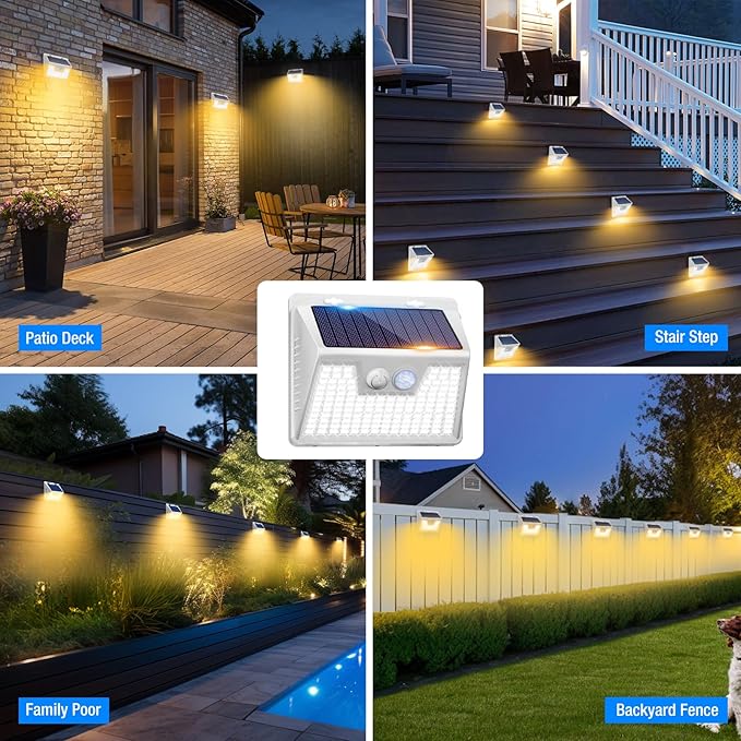 Peasur Solar Lights Outdoor Motion Sensor Waterproof, 3Pack 140LED White Solar Powered Fence Lights, 3 Modes Security Wall Lights for Garden Yard Outside Warm