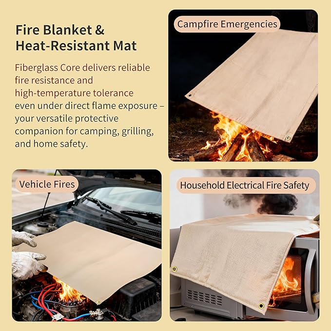 Fireproof Blanket,Made of Fiberglass with Bound Edges and Metal Perforations, can be Laid Flat or Hung up, Suitable for Camping, Home fire Protection,BBQ Grill mats (Khaki 23.75" x 31.5")
