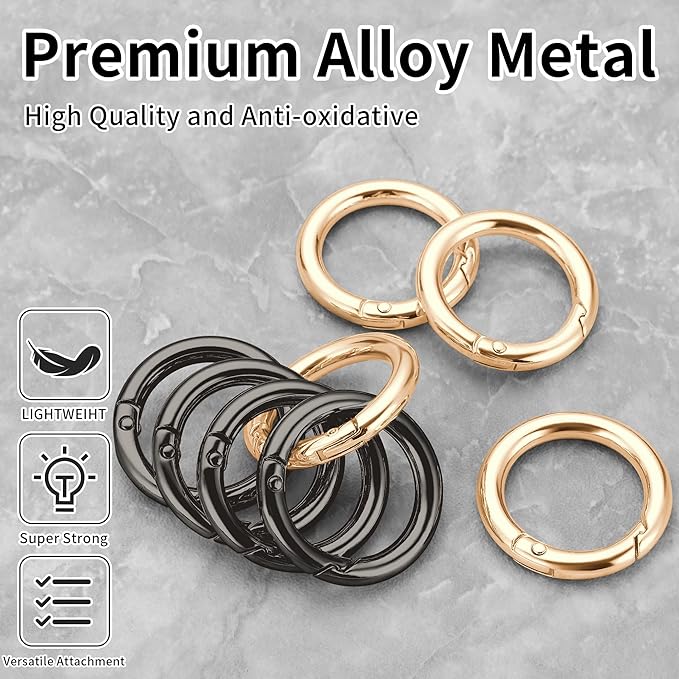 Gkeygo Key Ring Clip, 1 Inch Keychain Rings, 8 Pack Round Carabiner Clip for Keys, Buckle, Bags, Purses - Key Chain Hooks Replacement Keychains Lanyard DIY Crafts - Black, Gold