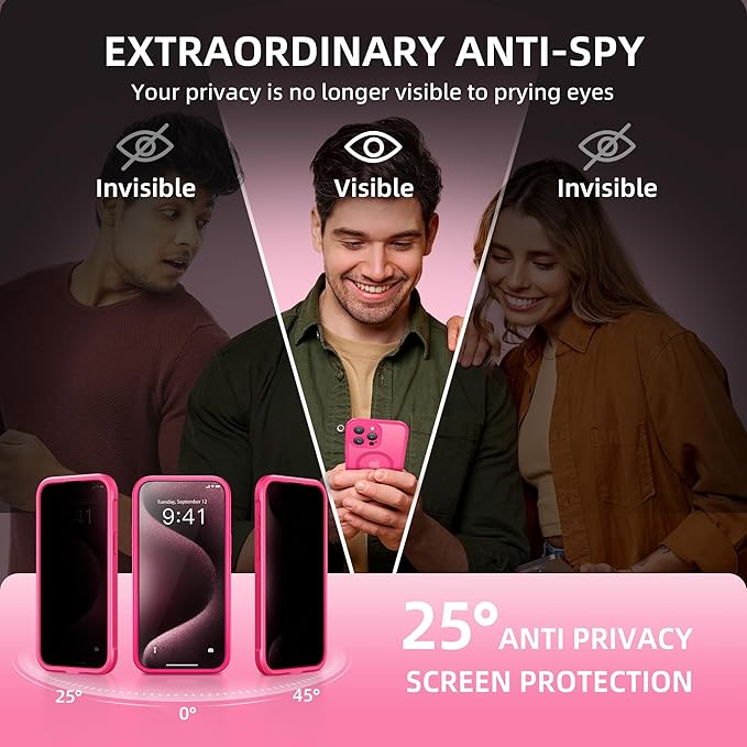 TIESZEN for iPhone 15 Pro Case, Compatible with MagSafe, Built-in Privacy Screen Protector and Camera Protection, Anti Spy Full Body Dustproof Shockproof Hard Phone Case 6.1", Hot Pink