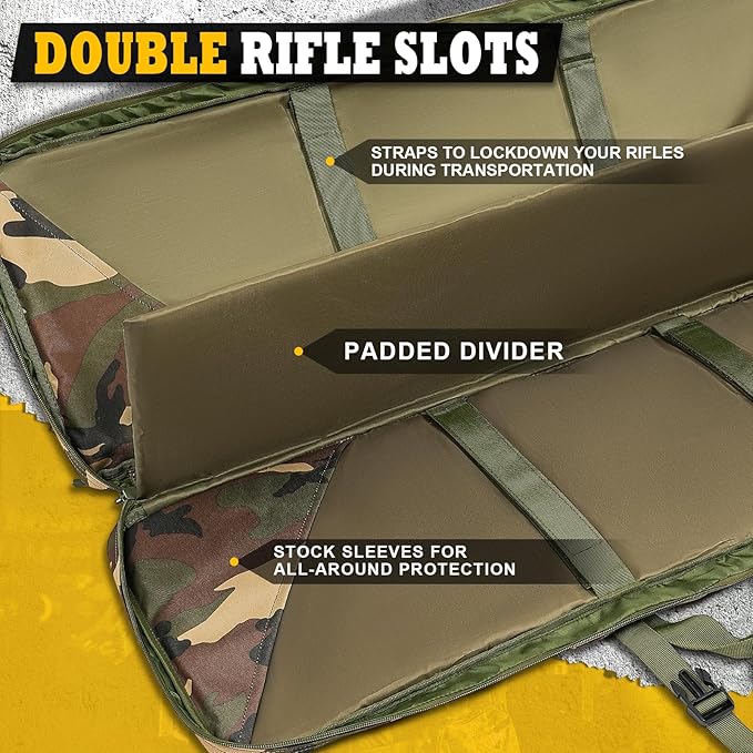 DULCE DOM 36 42 48 Inch Double Rifle Case, Tactical Soft Padded Backpack for Hunting & Shooting Range, Heavy-Duty Storage Gun Bag for 2 Rifles & Pistols with Lockable Zippers & MOLLE System