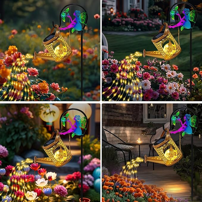 Solar Lights Garden Decorative, Solar Watering Can with Cascading Lights, Waterproof Metal Lantern with Fairy Shepherd Hook, Outdoor Decor for Yard, Patio, Gifts for Mother's Day, Women Mom