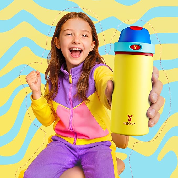18 oz Insulated Water Bottle for Kids: Meoky Stainless Steel Water Bottle with 2-in-1 Straw and Spout Lid - Leak Proof, Fits in Car Cup Holder, BPA-Free for Sports School Backpacks, Golden Charm